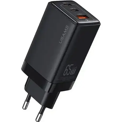 Зарядний пристрій швидкісний 3 виходи Usams US-CC180 triple GaN USB-A + 2*USB-C 65 W 5A чорний - фото 1
