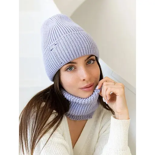 Женская вязаная шапка и снуд набор 1 шерсть 20% с отворотом Голубой - фото 1