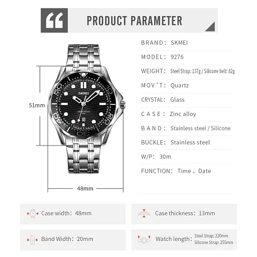 Наручний годинник Skmei 9276 Silver Blue steel strap, 9276SSIBU (18380) - фото 5