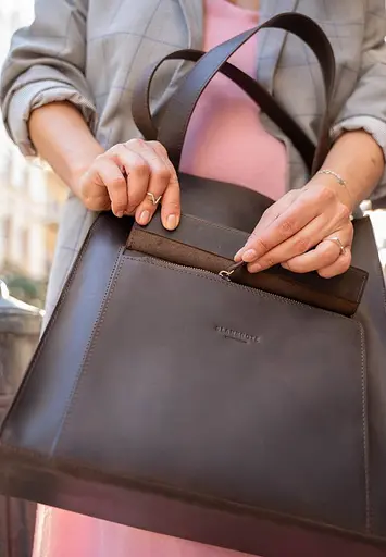 Шкіряна жіноча сумка шоппер Бетсі з кишенею темно-коричнева - фото 9