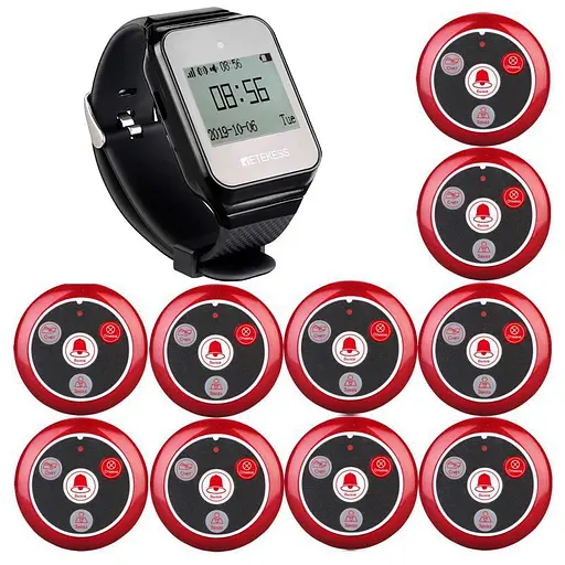 Система вызова официанта беспроводная с черными часами - пейджером Retekess TD108 + 10 красных кнопок (с кнопкой ЗАКАЗ) (100743)
