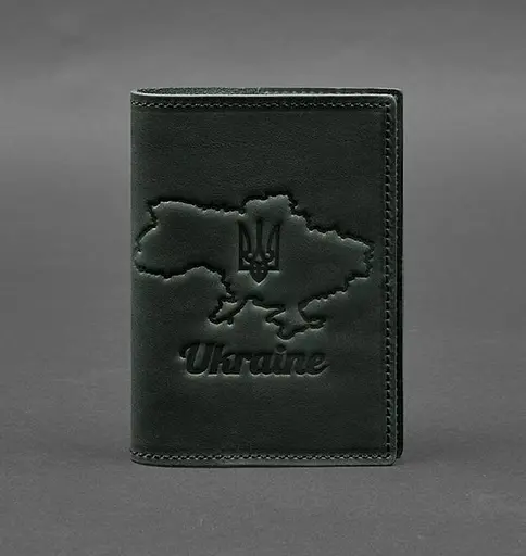 Кожаная обложка для паспорта с картой Украины зеленый Crazy Horse - фото 1