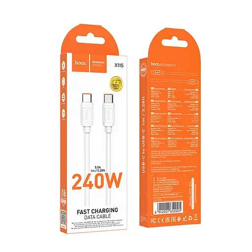 Кабель Hoco X115 Surpass 240W fast charging data cable Type-C to Type-C Білий - фото 2