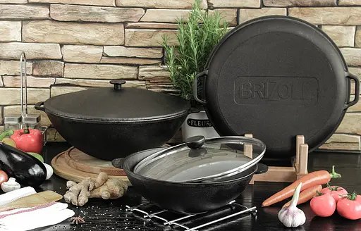Чугунная сковорода Brizoll WOK с алюминиевой крышкой 8 л и чехлом - фото 3