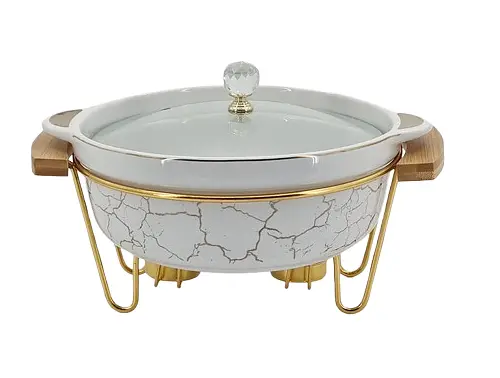 Мармит круглый 2 литра настольный с 2 подогревами для блюд керамический на металлической подставке с крышкой Белый с золотым - фото 1