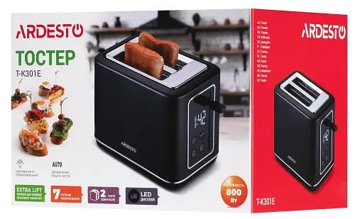 Тостер Ardesto T-K301E, Black, 800W, 2 тоста, 2 отделения, 7 режимов поджаривания, дисплей с индикацией времени приготовления, автоцентрирование, кнопка отмены приготовления, подогрев - фото 6