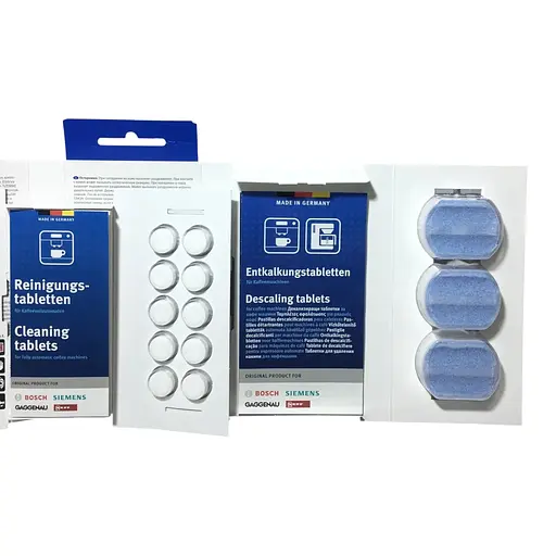 Набор таблетки для удаления накипи 00311975 + Таблетки от кофейного жира 00311970 для кофемашины Bosch Siemens