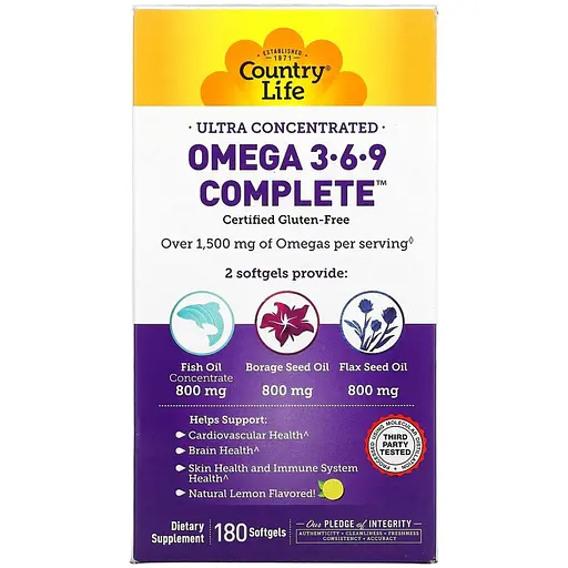 Жирные кислоты Country Life Omega 3-6-9 Complete 180 капсул - фото 1