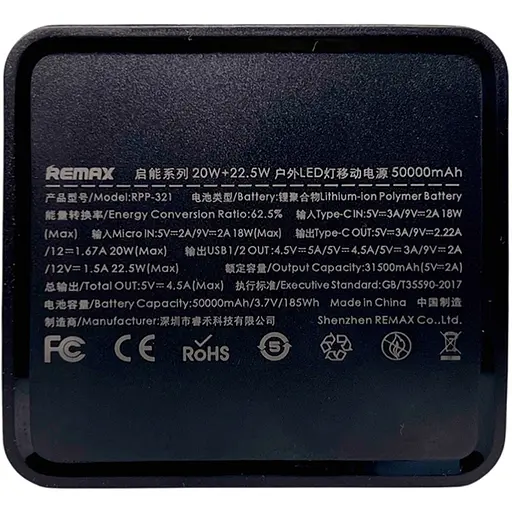 Павербанк Remax RPP-321 / 50000мАг / 22,5 Вт / USB-C + USB-A + microUSB / PD + QC / з ліхтариком / Чорний - фото 4