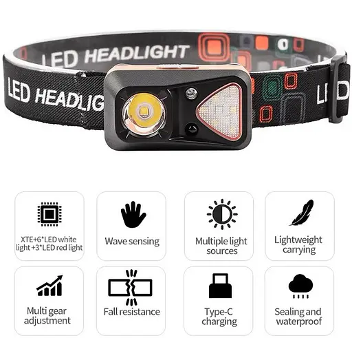 Налобний ліхтар з білим та червоним світлом W-18 з датчиком руху акумуляторний яскравий потужний ліхтарик на голову - фото 2