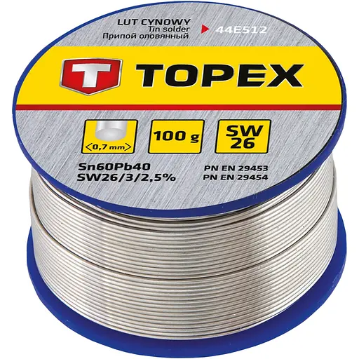 Припій олов'яний Topex Sn60Pb40 флюс SW26 дріт 0.7 мм 100 г (44E512)
