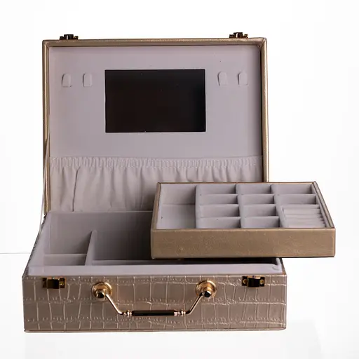 Скринька для прикрас з екошкіри 19 відділень із дзеркалом 23.5×14×8 см органайзер для прикрас Золотистий Yiwu HP-5-20GOLD - фото 6