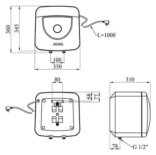 Водонагреватель Kroner Small K15SA1.5 1500 Вт, мокрый ТЭН, 15 л, квадратный, вертикальный, над мойкой, белый (CV034584) - фото 7