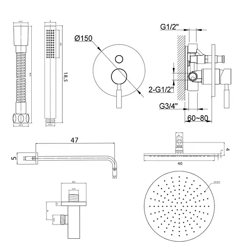 Душева система Kohlman Roxin 40 chrome + BOX прихованого монтажу QW210RR40, Хром - фото 2