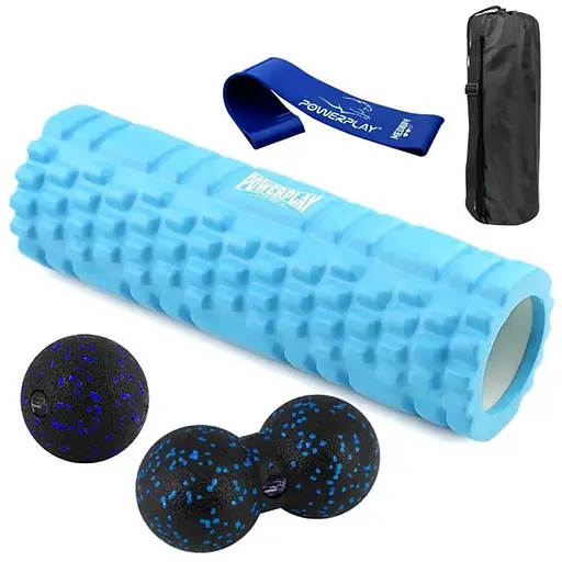 Набір для масажу та йоги PowerPlay PP_4097 (Ролик 30*10 + 2-ва мячі) Blue + гумка 7.5 кг (PP_4097_Blue) - фото 1
