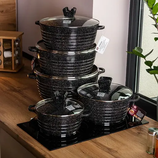 Набор кастрюль MGC алюминиевых 2,5/4/5/7/9 л с мраморным покрытием, черный MGC HP-4-411B - фото 2