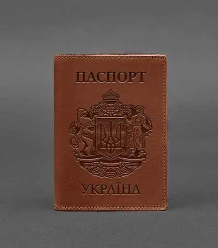 Кожаная обложка для паспорта с украинским гербом светло-коричневая - фото 1