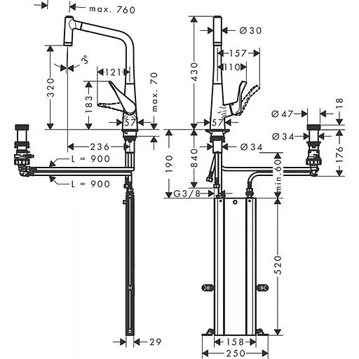 Змішувач Hansgrohe Metris Select 320 2jet кухонний на 2 отвори з витяжним виливом Sbox Chrome 73806000 Хром - фото 4