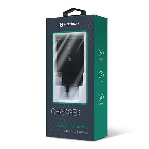 Зарядное устройство сетевое MakeFuture 12W 2USB 2.4A Auto-ID Black - фото 3