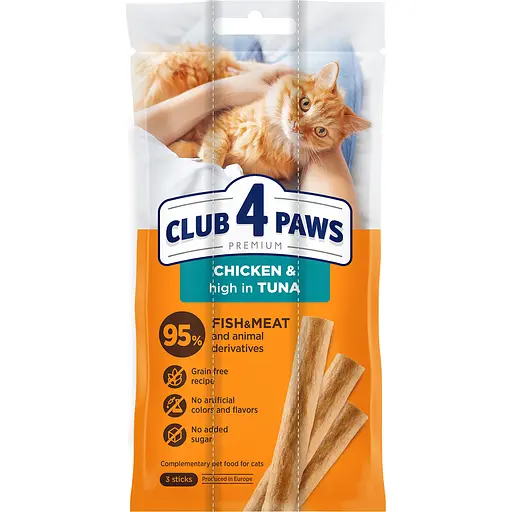 Ласощі для котів Club 4 Paws м'ясні палички з куркою та тунцем 5 г х 3 шт. - фото 1