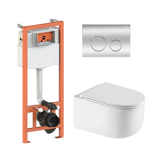 Подвесной унитаз Qtap Taurus Ultra Quiet + инсталляция Qtap Nest 4 в 1 (круглая клавиша Chrome), Белый - фото 1