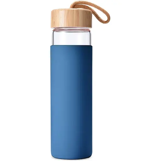 Бутылка стеклянная OldBro бамбуковая крышка с защитным силиконовым чехлом Azul marino 590 мл