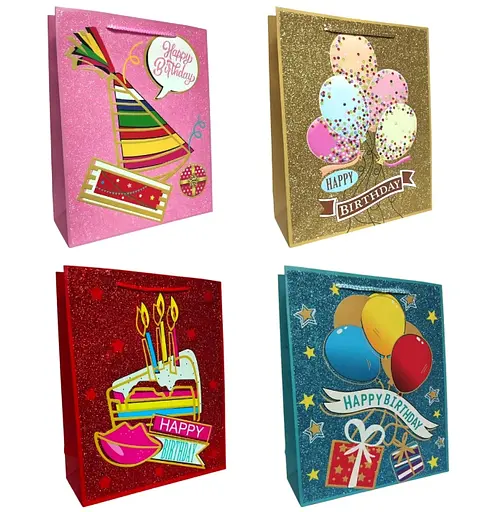 Подарунковий пакет картонний, 200 г/м², H. Birthday, 31x42x12 см, 4 шт. в упаковці (В асортименті)