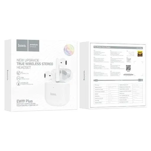 Блютуз Стерео Гарнитура Hoco EW19 Plus, 30/250 mAh, 4h Белый - фото 4