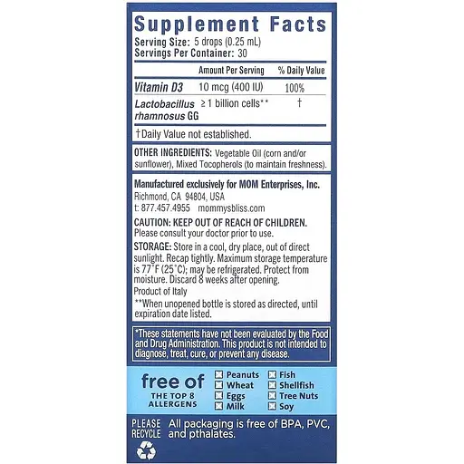 Пробиотик Mommy's Bliss Baby Probiotic Drops+Vitamin D 400 МЕ для новорожденных 10 мл - фото 3