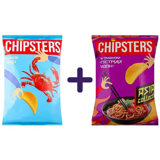 Набір чипсів Chipster's: зі смаком краба + Asian collection Гострий удон 200 г ( 2 шт. х 100 г)