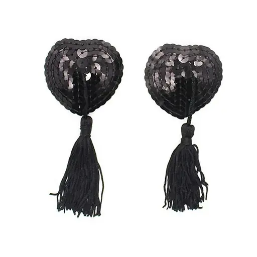 Наклейки на соски с пайетками и кисточками Hearts черные One Size - фото 1