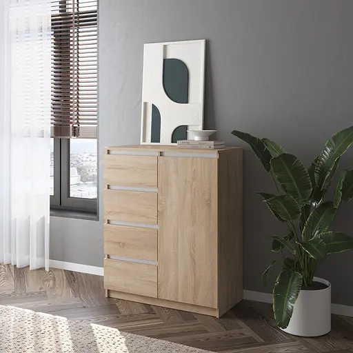 Комод Vays, сучасний, з полицями, 4 шухляди, без ручок R-32 Дуб Сонома-Білі планки