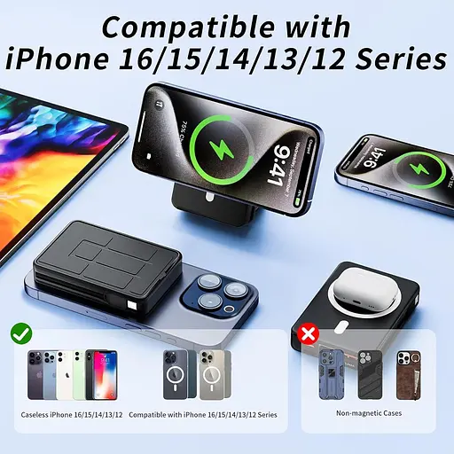 Бездротовий зарядний банк CROWATTS Mag-safe Power Bank ємністю 10000 мАг, PD 22,5 Вт з USB-C - фото 7