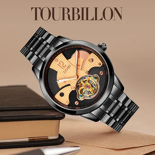 Мужские часы скелетон Skmei 9205 механические (Черные с розовым золотом) - фото 10