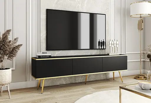 Тумба під телевізор Perfect Home Оро / Oro 3-дверна з золотими ніжками RTV175 Чорний (PFH-091321)