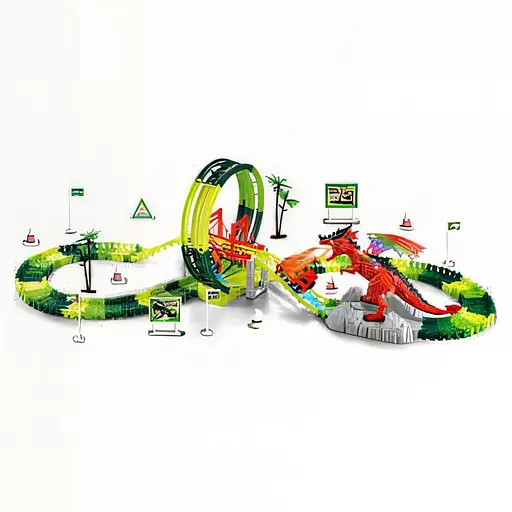 Трек GD 30 A со 170 деталями, парогенератором и подсветкой, звуком и динозавром, длина трека 369 см.