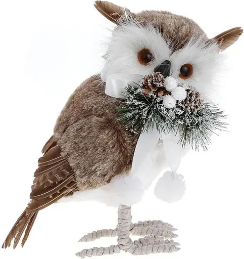 ​​​​​​​Новогодняя мягкая игрушка BonaDi Сова 29см Меховая декоративная фигурка Коричневый с белым - фото 1