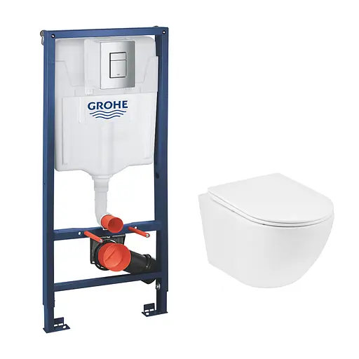 Комплект 4 в 1: Инсталляция Grohe Rapid SL 3 в 1 38772001 + Унитаз безободочный Kroner Harz WHI523632 RIMLESS с сиденьем Slim Duroplast / Soft-close / Quick relase KH523632WHIR (3877200 - фото 1