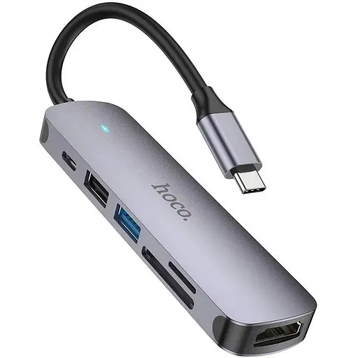 Usb-хаб Hoco HB28 Type-C multi-function converter (HDTV+Usb3.0+Usb2.0+SD+TF+PD) Темно-серый - фото 1