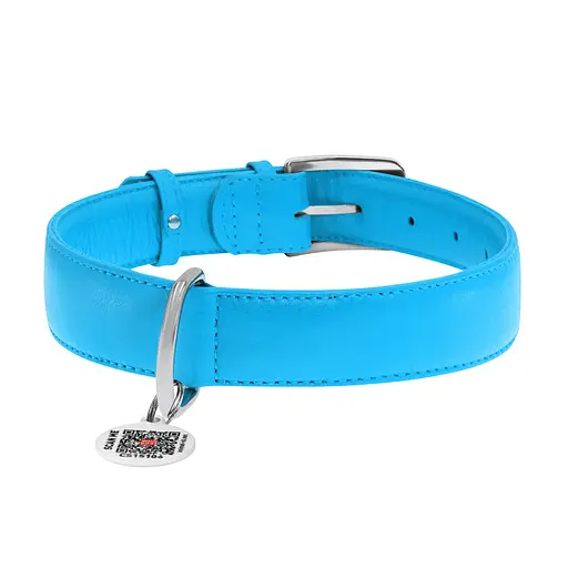Ошейник для собак кожаный Waudog Glamour с QR-паспортом без украшений XL Ш 35 мм Д 46-60 см голубой - фото 3