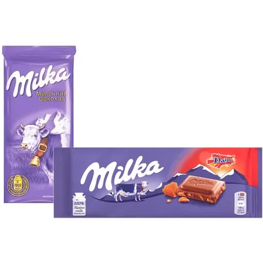 Набір Milka: Шоколад молочний Milka без добавок 90 г + Шоколад молочний Milka зі шматочками карамелі та мигдалем 100 г