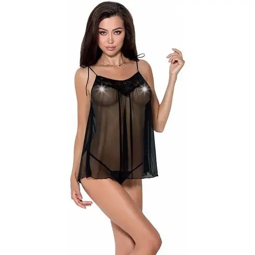 Сорочка прозрачная беби долл MELANIA CHEMISE black - Passion трусики на тонких бретелях L/XL