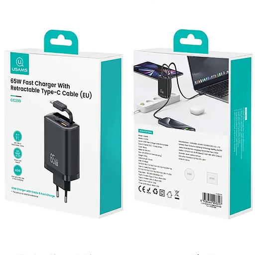 МЗП Usams US-CC299 GaN With Retractable Type-C Cable Xiang Ser. 65W (1USB-A/1C) Black - фото 6