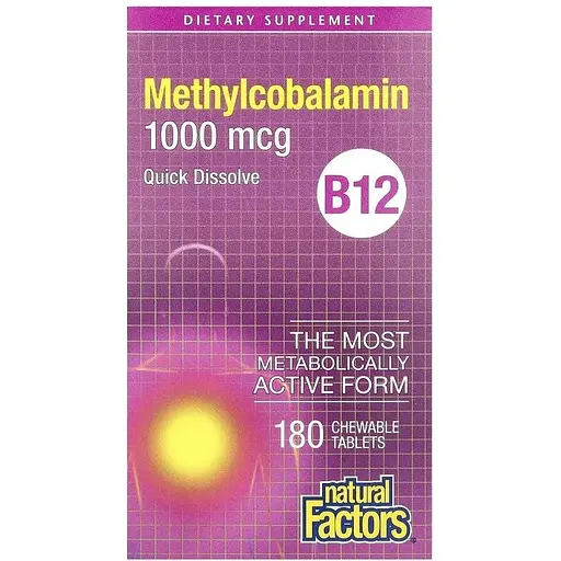 Вітамін B12 Natural Factors Methylcobalamin 1000 mcg, 180 жувальних таблеток для підтримка нервової системи