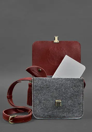 Фетрова жіноча бохо-сумка Лілу з шкіряними бордовими вставками - фото 3