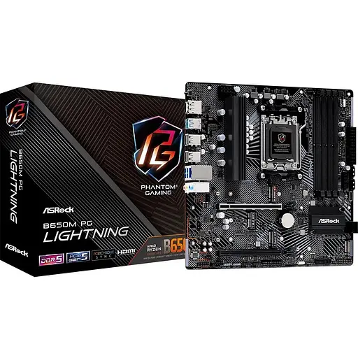 Материнская плата ASRock AM5 B650M PG Lightning, B650, 4xDDR5, Int.Video (CPU), 4xSATA3, 3xM.2, 1xPCI-E 4.0x16, 1xPCI-E 3.0x16, 1xM2. 9xUSB3.2/8xUSB2.0, HDMI/DP, MicroATX - фото 2