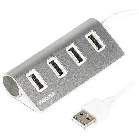 Хаб Usb Maxxter HU2A-4P-01, серебристый, Usb 2.0 - 4xUsb 2.0, кабель 30 см, алюминиевый корпус - фото 1