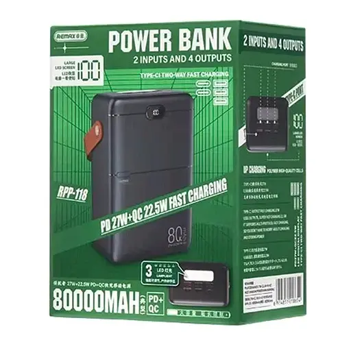 Павербанк Remax RPP-118 Piloteer Series / 80000 мАг / до 27 Вт / USB-C + USB-A / PD+QC / Чорний - фото 3