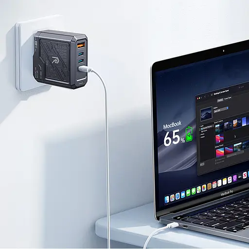 Зарядный адаптер Remax Mecha Warrior 1A+3C RP-U107 быстрая зарядка GaN 120W 3xType-C + 1xUSB-A Черный - фото 7