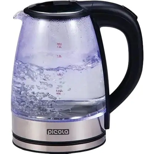 Электрочайник Picola PEK-04, Black, 1500W, 1.8л, стекло+нерж.сталь, дисковый, индикатор уровня воды, защита от перегрева, отключение при отсутствии воды